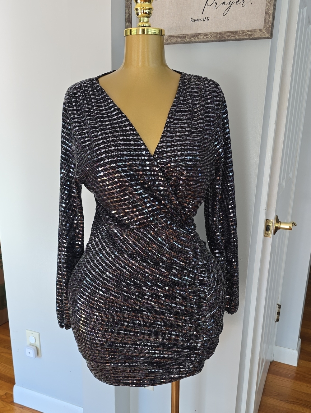 Black Sequin Wrap-Front Mini Dress